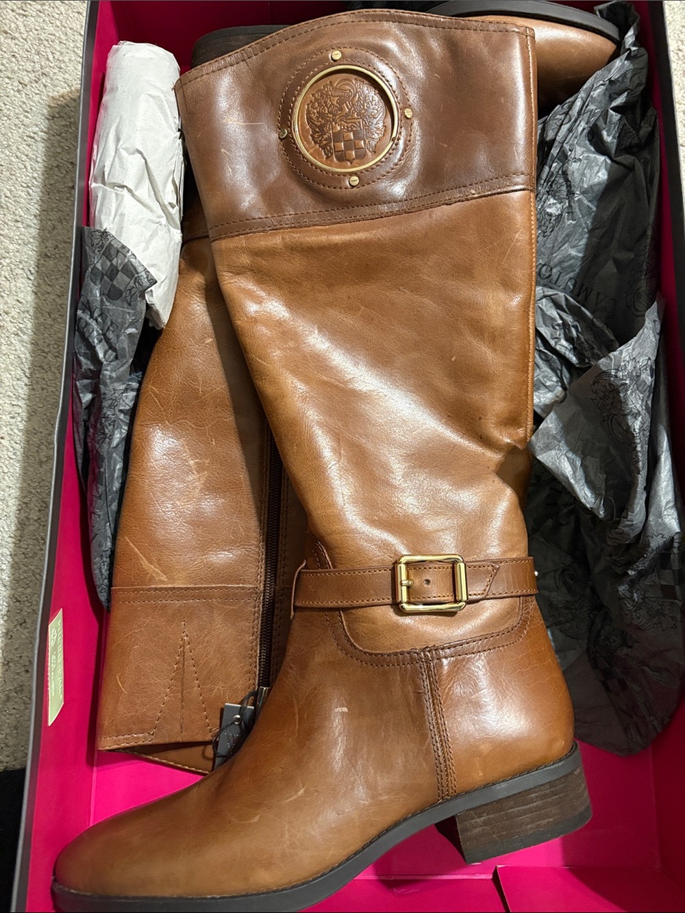 Vince Camuto Cognac Brown Leather Wide Calf Riding Boots
